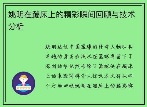 姚明在蹦床上的精彩瞬间回顾与技术分析 姚明在蹦床上的精彩瞬间回顾与技术分析